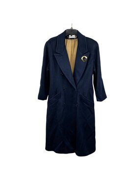 Ashley Scott 100% Wool Long Pea Coat Navy Pockets Size Medium Gold Pin